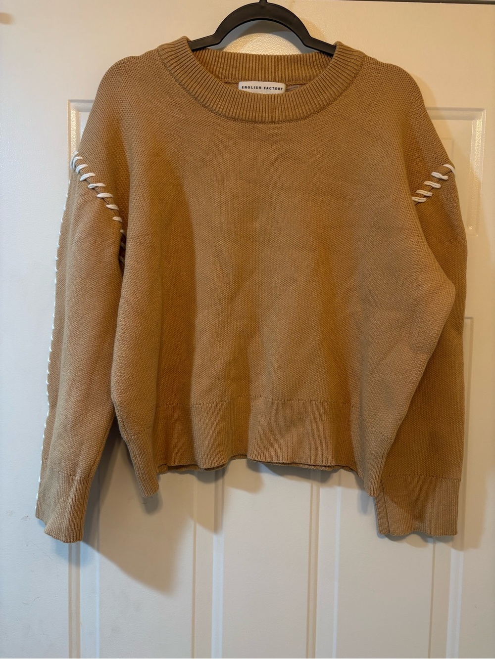 English Factory Camel Crewneck Sweater with White Stitching